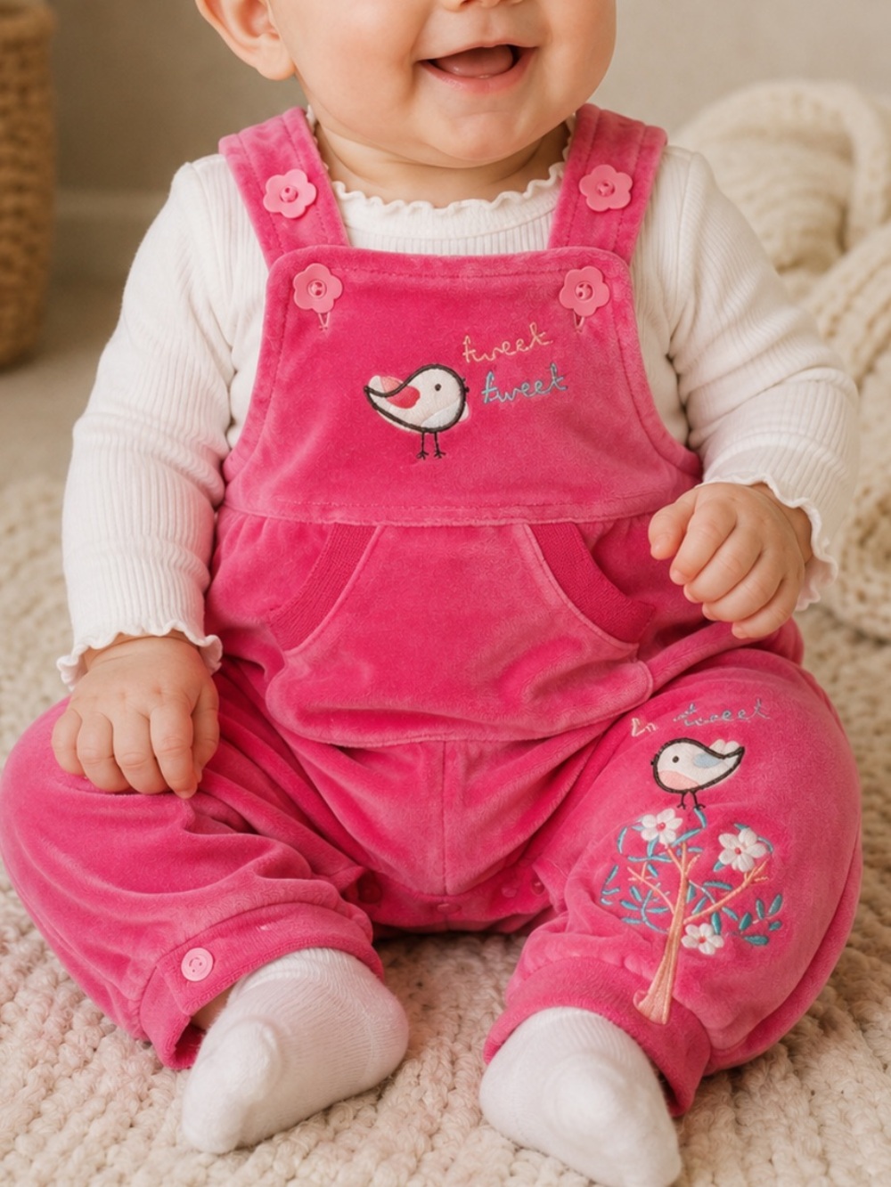 Pink Velvet Baby Overalls with Bird Embroidery - Newborn- EUG